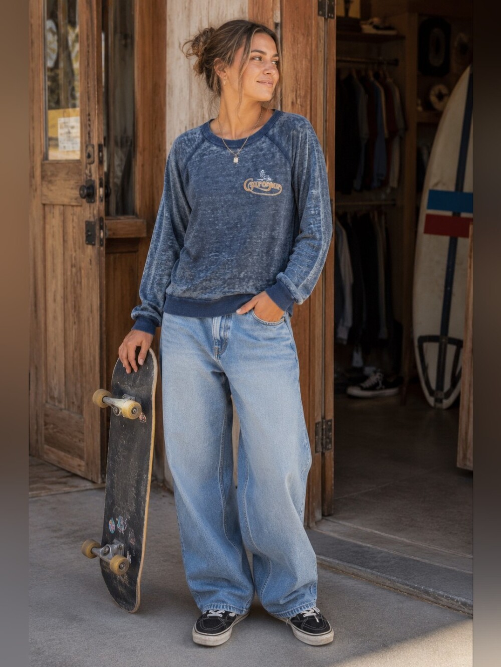 Chaser California Custom Skateboards Long Sleeve Slub Knit Burnout Tee Women's L